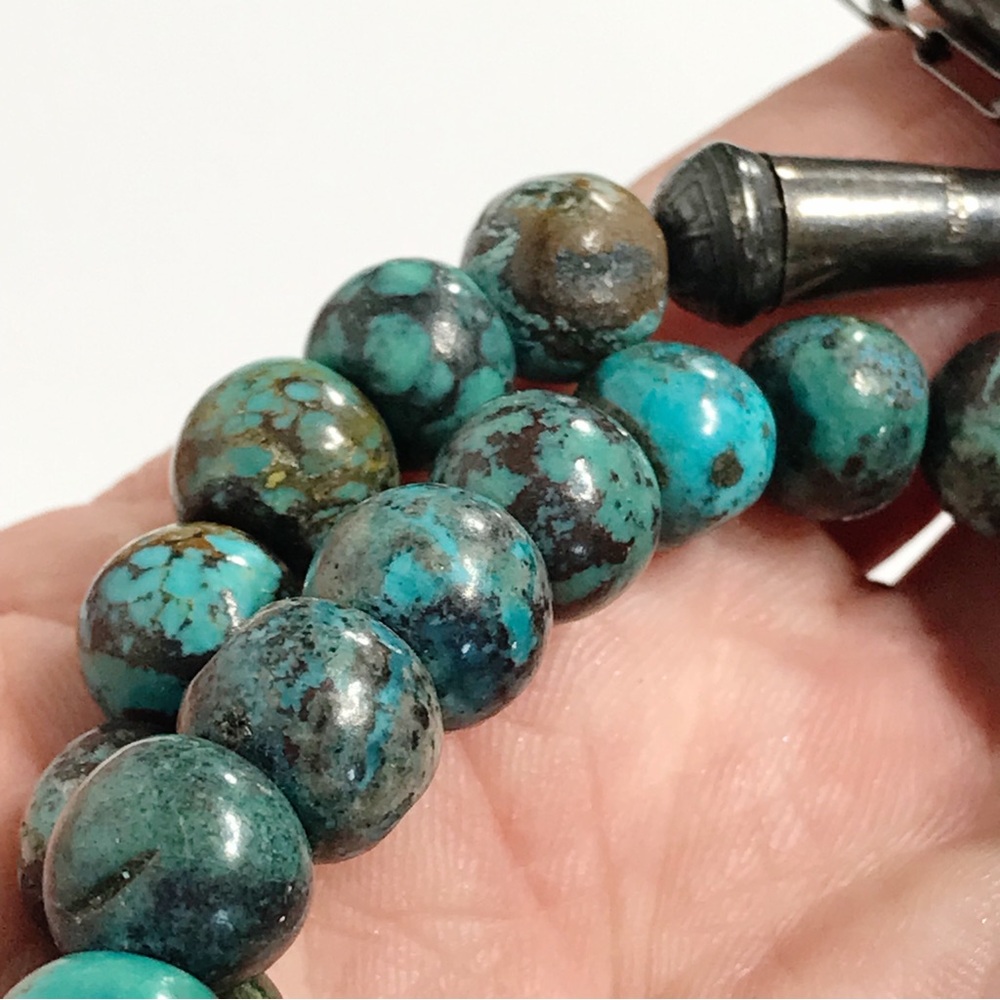 Vintage Native American Sterling Silver 9mm Turquoise Cone Beaded Necklace 24" - Picture 10 of 16